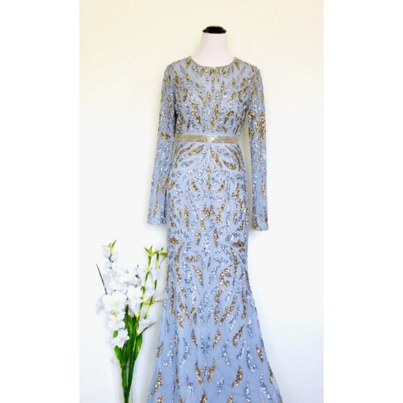NEW! Mac Duggal Platinum Silver Gold Paisley Beaded Long Sleeve Gown SZ 6 - Picture 5 of 11